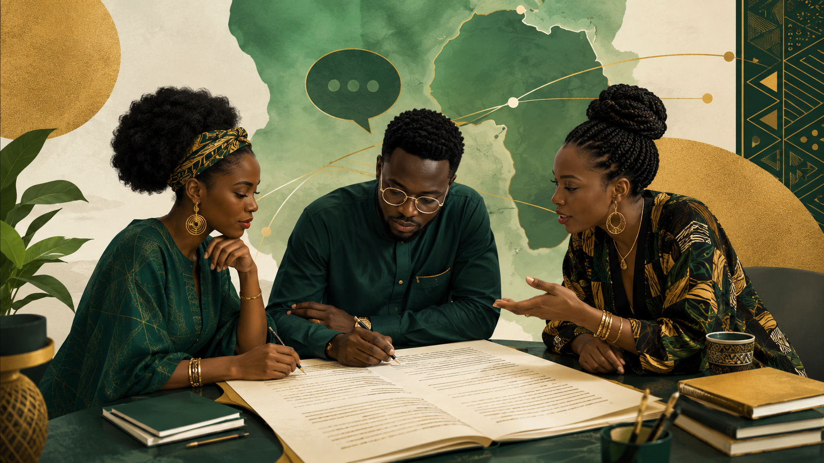 Three African professionals collaboratively reviewing and annotating a manuscript, representing shared authorship and public dialogue.